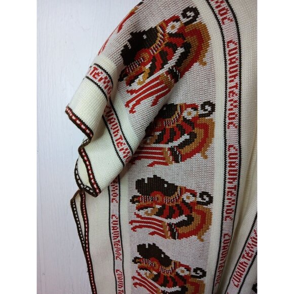 Vtg 1970s Knit Cuauhtemoc Poncho Cream One Size Tribal Boho Fringed Tie Front - Picture 6 of 7